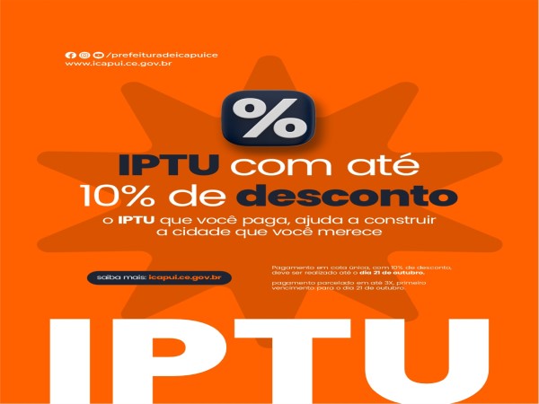 Pague seu boleto do IPTU em cota única até 21 de outubro com 10% de desconto; Acesse aqui